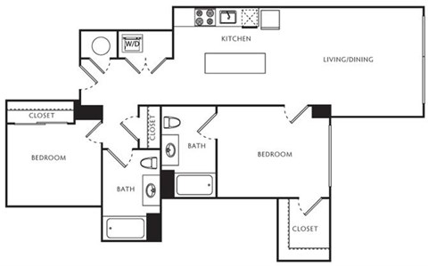 Floor plan for 2 beds, 2 baths, 871 sqft