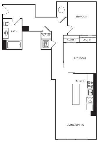Floor plan for 2 beds, 1 bath, 773 sqft