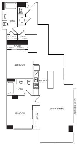 Floor plan for 2 beds, 2 baths, 1103 sqft