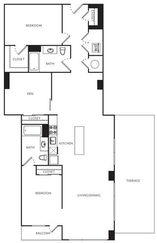 Floor plan for 2 beds, 2 baths, 1259 sqft