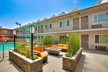 Pool side fire pit twin palms