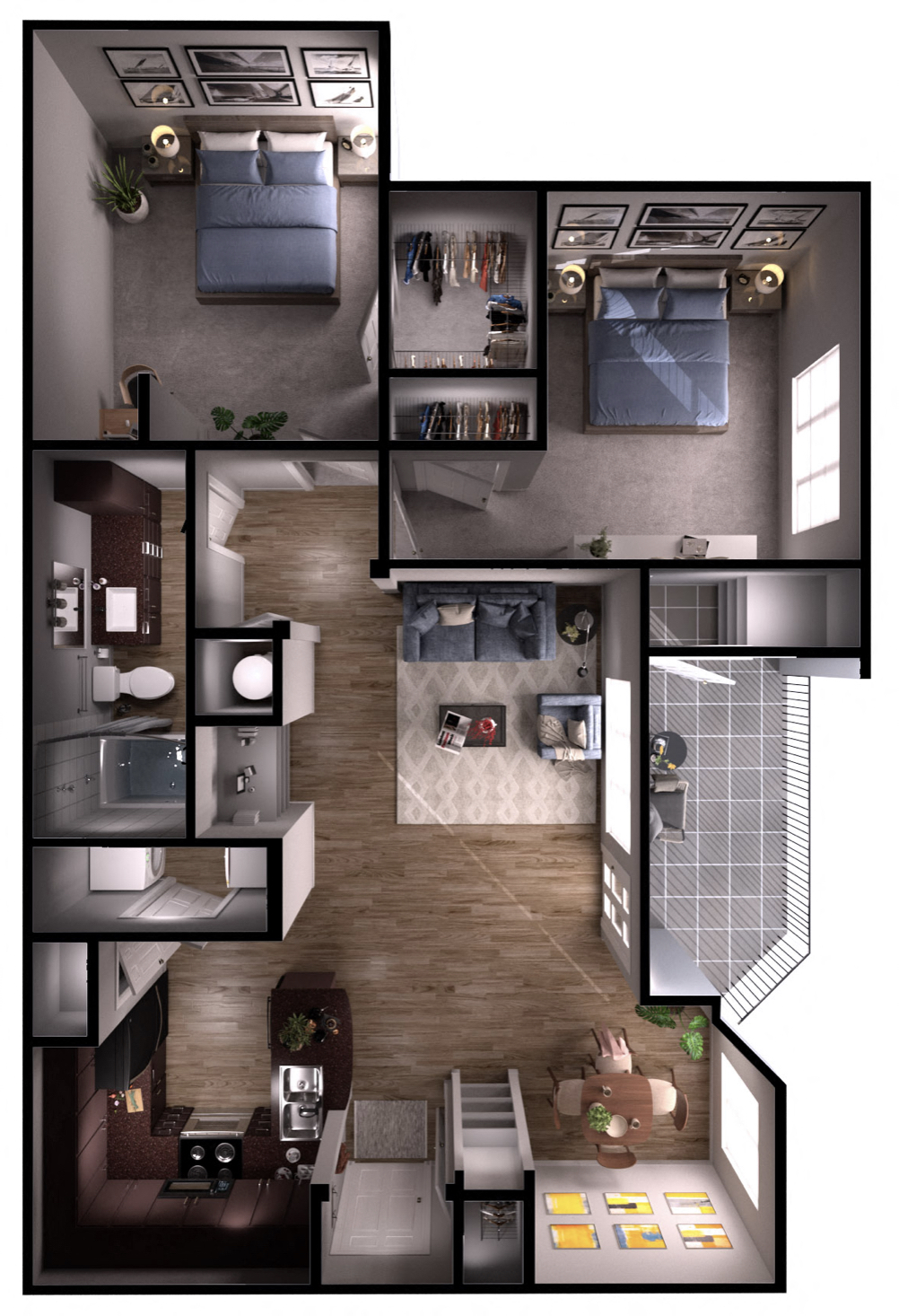 Floor plan for 2 beds, 1 bath, 940 sqft