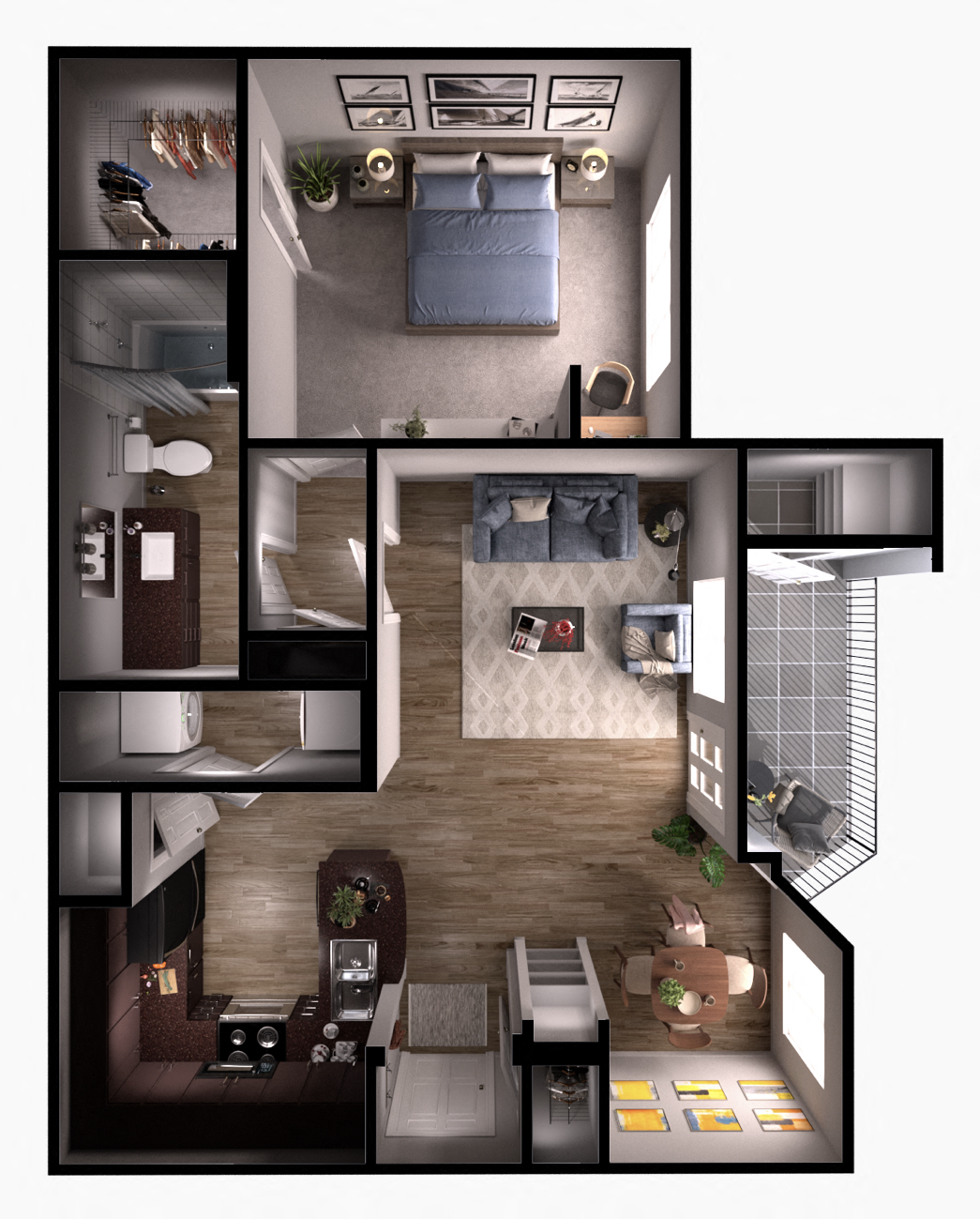 Floor plan for 1 bed, 1 bath, 719 sqft