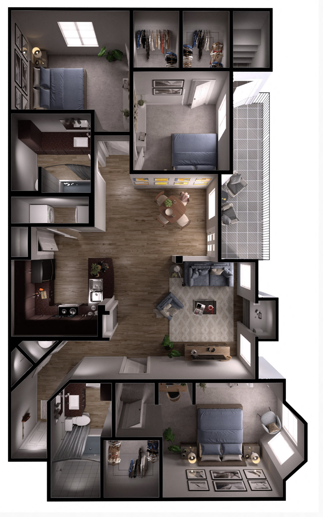Floor plan for 3 beds, 2 baths, 1265 sqft