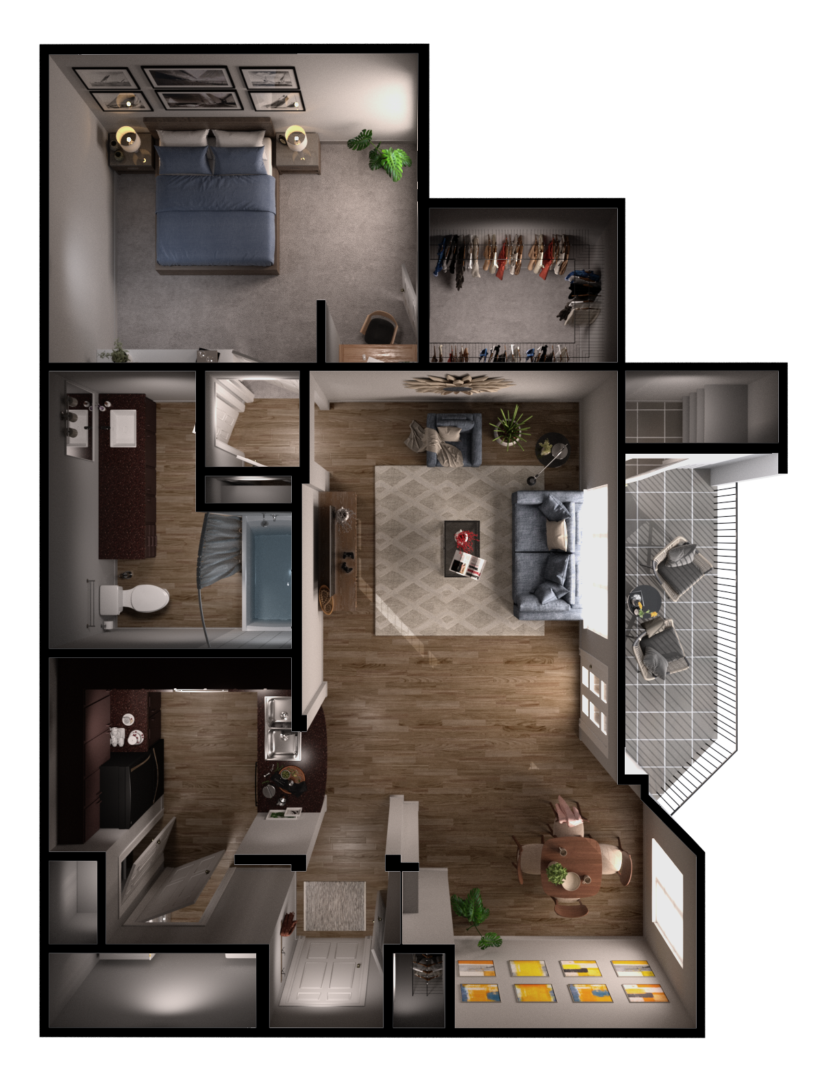 Floor plan for 1 bed, 1 bath, 791 sqft