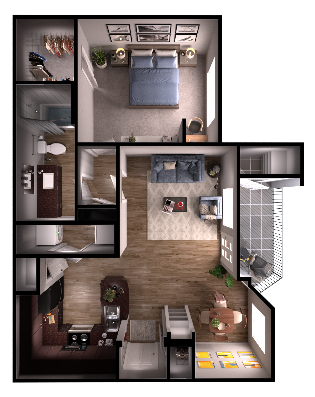 Floor plan for 1 bed, 1 bath, 719 sqft