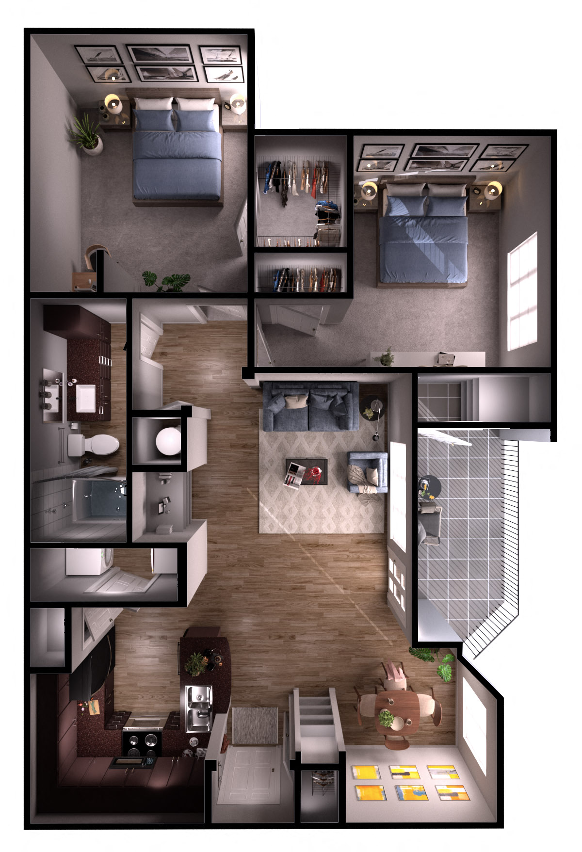 Floor plan for 2 beds, 1 bath, 940 sqft