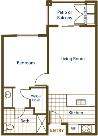 Floor plan for 1 bed, 1 bath, 598 sqft
