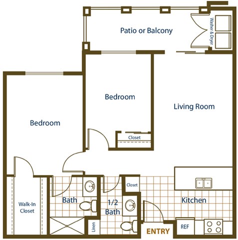 Floor plan for 2 beds, 1.5 baths, 809 sqft