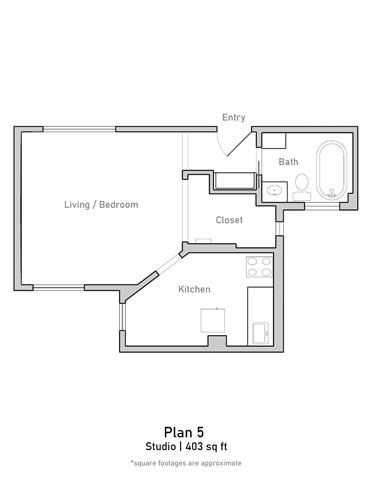 Floor plan for studio, 1 bath, 402 sqft