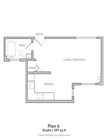 Floor plan for studio, 1 bath, 398 sqft