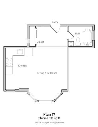 Floor plan for studio, 1 bath, 399 sqft
