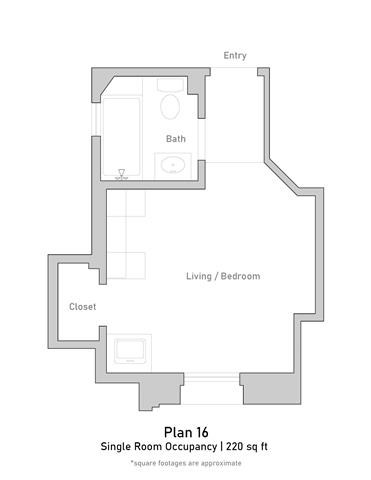Floor plan for studio, 1 bath, 244 sqft