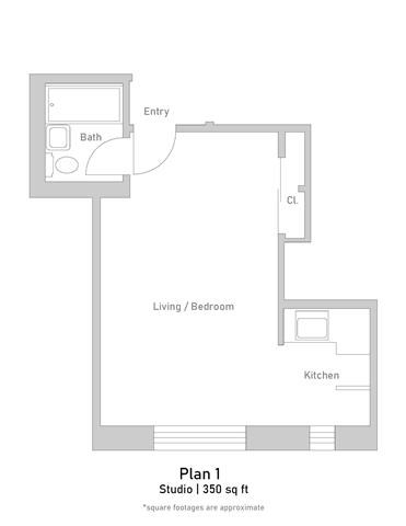 Floor plan for studio, 1 bath, 338 sqft