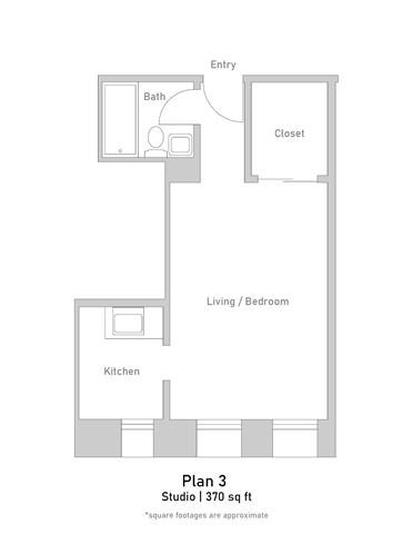 Floor plan for studio, 1 bath, 374 sqft