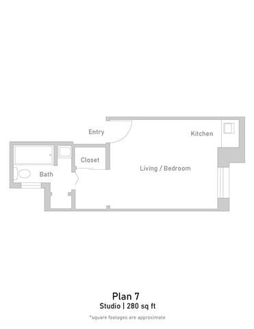 Floor plan for studio, 1 bath, 280 sqft