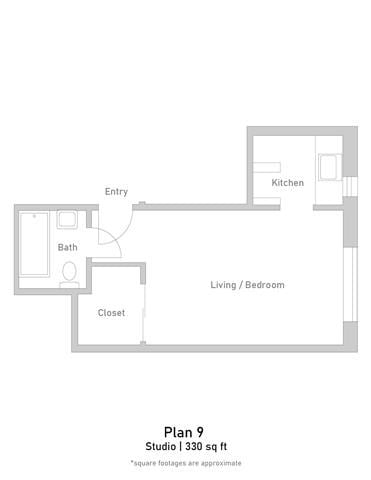 Floor plan for studio, 1 bath, 329 sqft