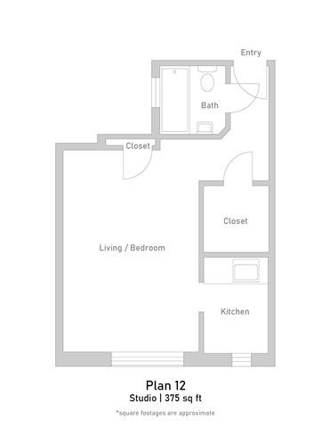 Floor plan for studio, 1 bath, 374 sqft
