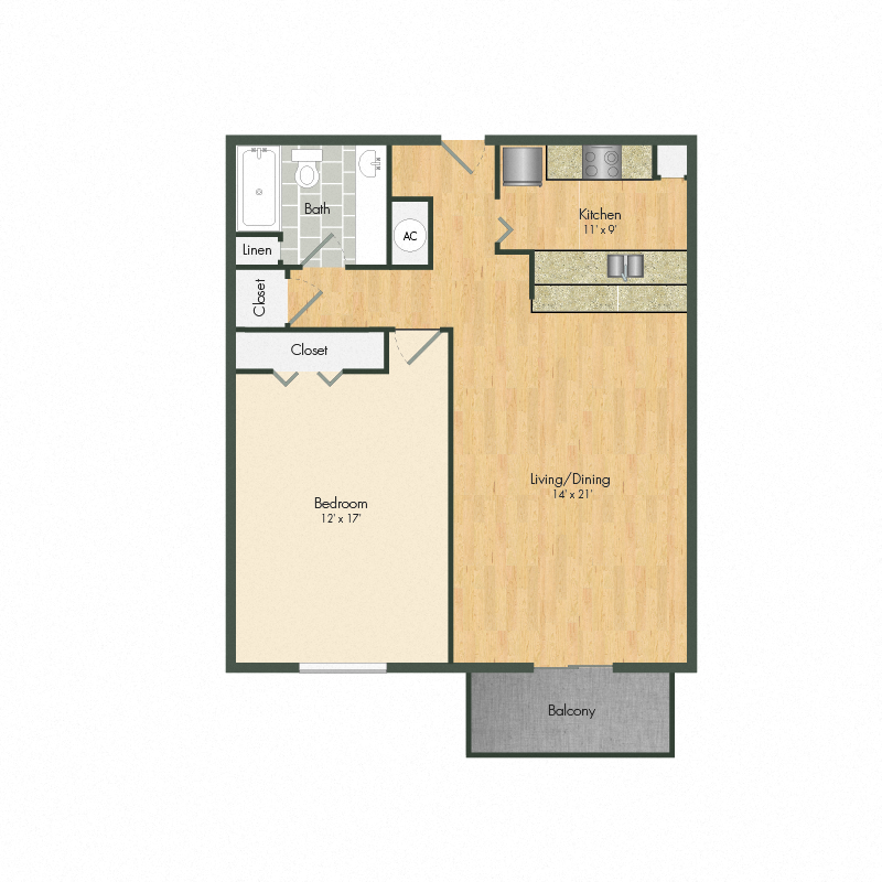 Floor plan for 1 bed, 1 bath, 775 sqft