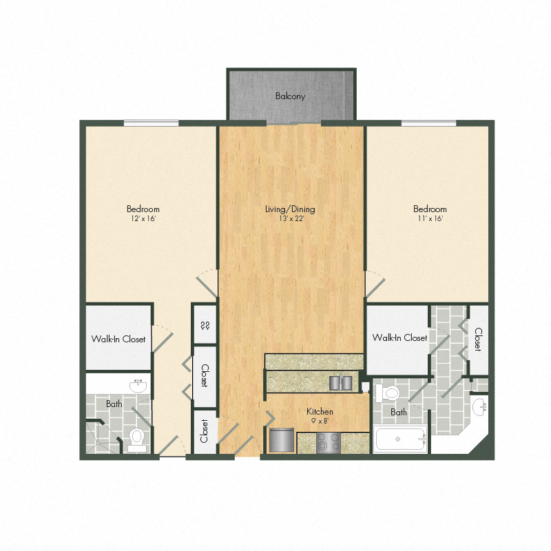 Floor plan for 2 beds, 2 baths, 1093 sqft