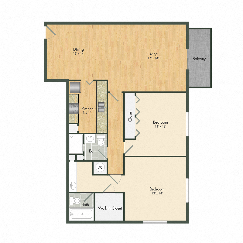 Floor plan for 2 beds, 2 baths, 1117 sqft
