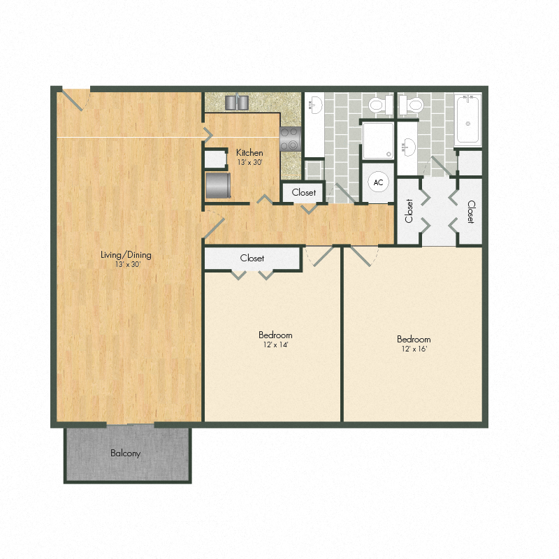 Floor plan for 2 beds, 2 baths, 1144 sqft