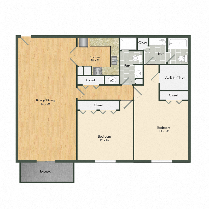 Floor plan for 2 beds, 2 baths, 1233 sqft