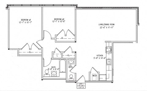 Floor plan for 2 beds, 1.5 baths, 1007 sqft