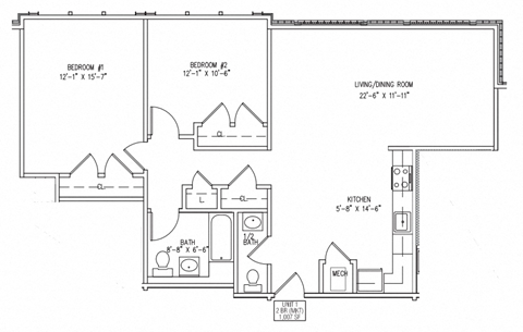 Floor plan for 2 beds, 1.5 baths, 1000 sqft