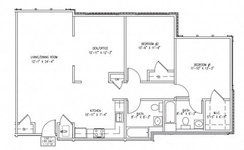 Floor plan for 2 beds, 2 baths, 1137 sqft