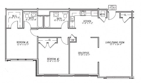 Floor plan for 2 beds, 2 baths, 1297 sqft