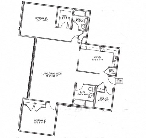Floor plan for 2 beds, 2 baths, 1422 sqft
