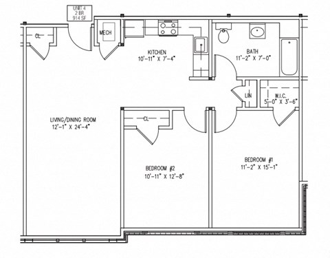 Floor plan for 2 beds, 1 bath, 915 sqft