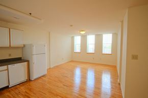 Newark apartment for rent - open layout living room that is attached to kitchen; white walls and hardwood floors