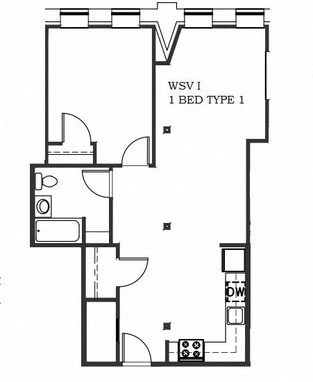 Floor plan for 1 bed, 1 bath, 600 sqft
