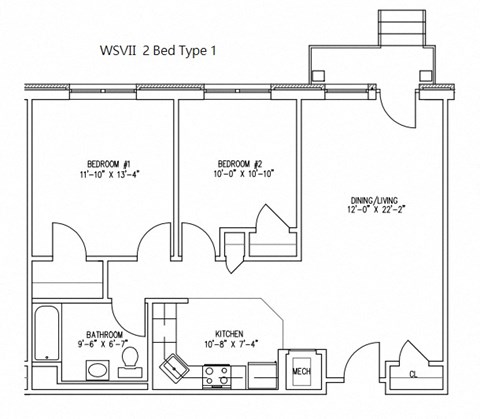 Floor plan for 2 beds, 1 bath, 850 sqft