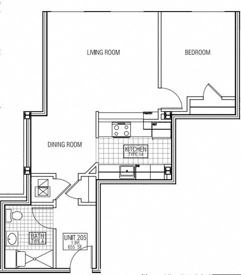Floor plan for 1 bed, 1 bath, 657 sqft