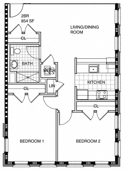 Floor plan for 2 beds, 1 bath, 850 sqft