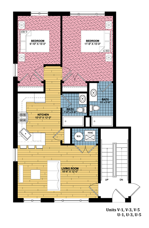 Floor plan for 2 beds, 2 baths, 876 sqft