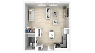 Fort Lee apartment for rent - A top-down view of a small apartment with a kitchen, living room, and bedroom.