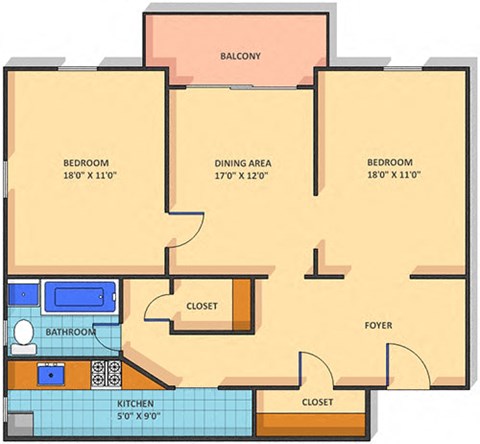 Floor plan for 2 beds, 1 bath, 919 sqft