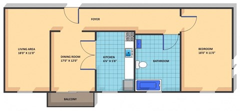 Floor plan for 1 bed, 1 bath, 844 sqft