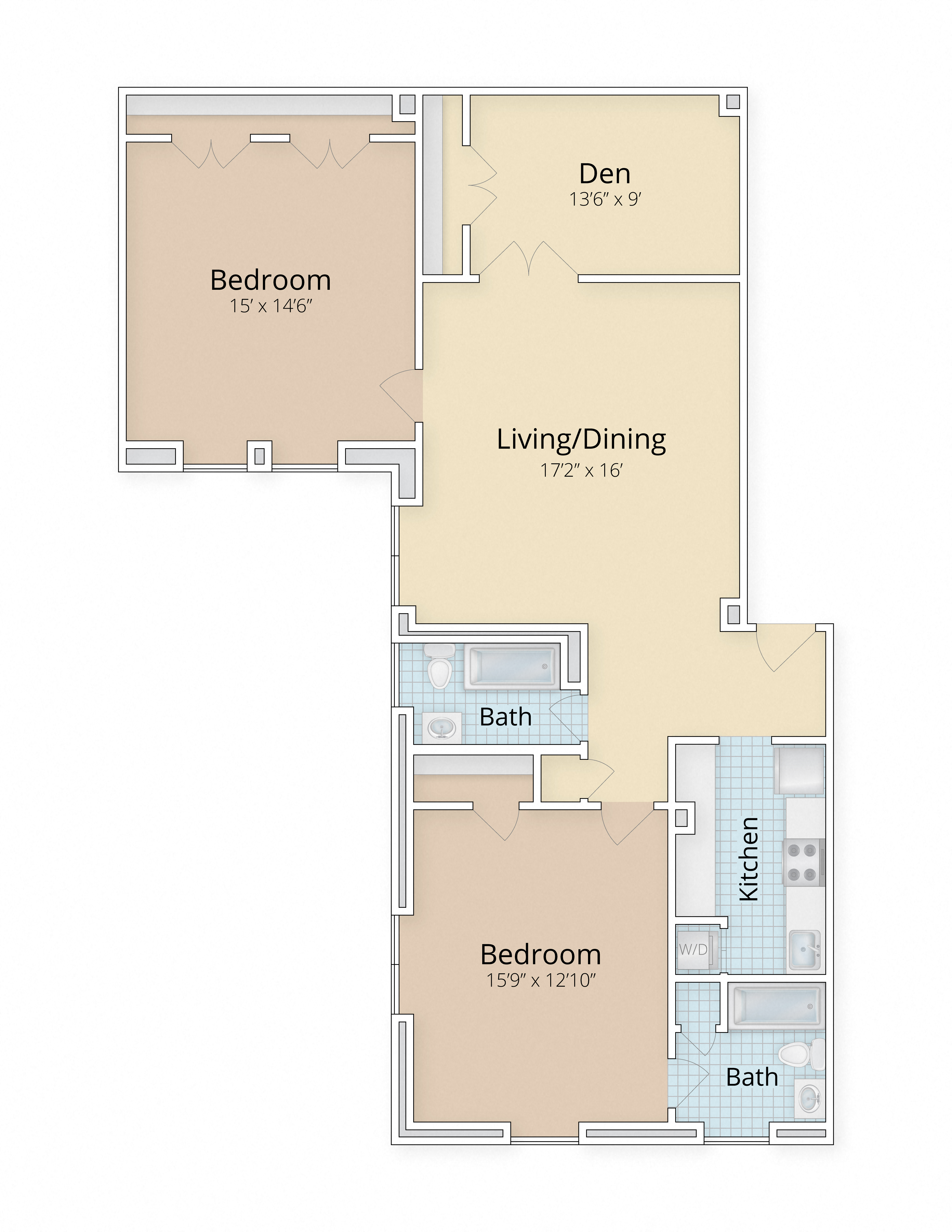 Floor plan for 2 beds, 2 baths, 1313 sqft