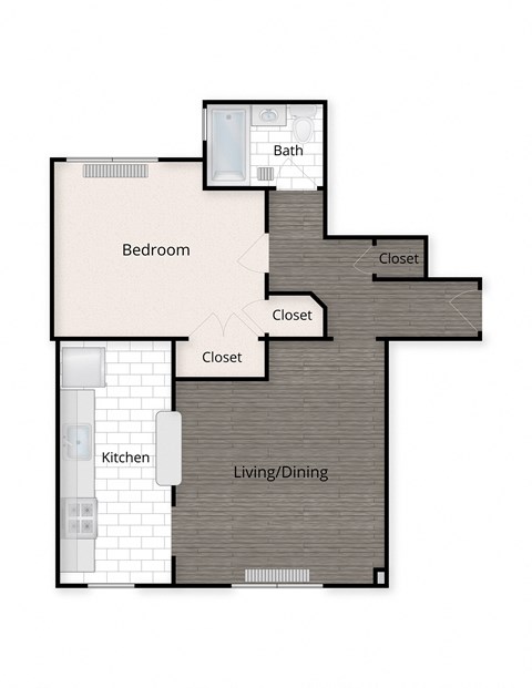 Floor plan for 1 bed, 1 bath, 579 sqft