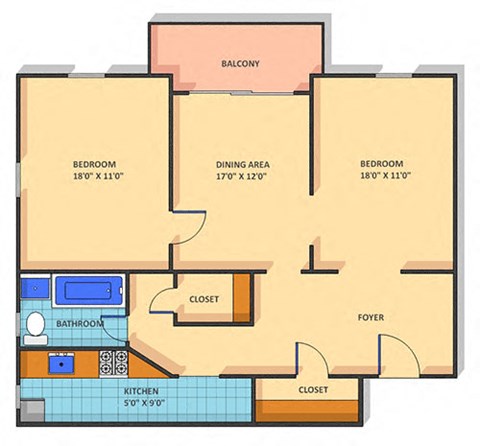 Floor plan for 2 beds, 1 bath, 849 sqft