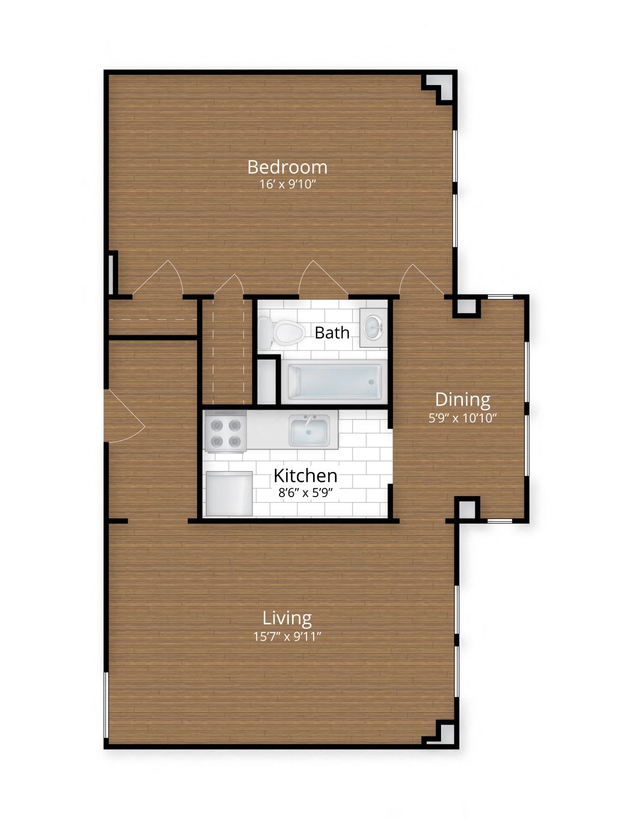 Floor plan for 1 bed, 1 bath, 665 sqft
