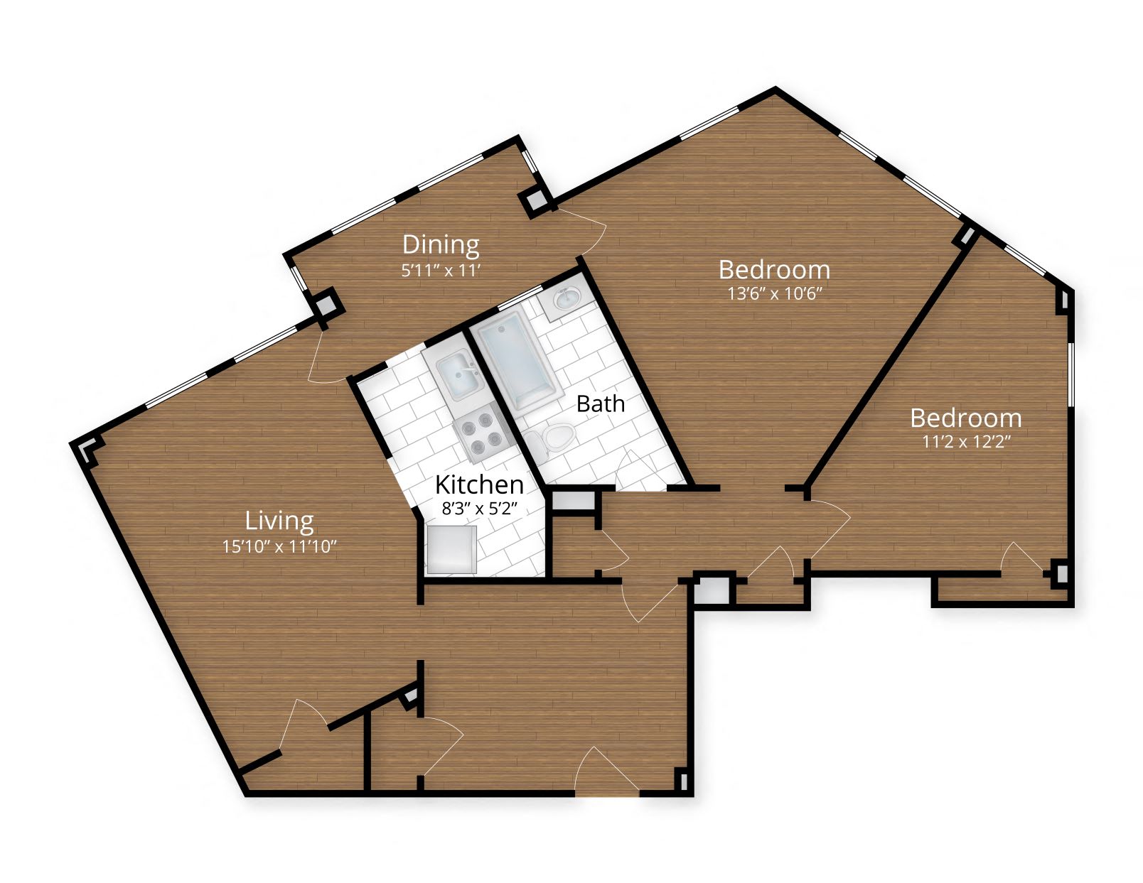 Floor plan for 2 beds, 1 bath, 928 sqft