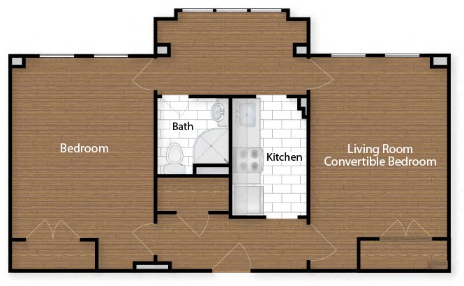Floor plan for 1 bed, 1 bath, 614 sqft