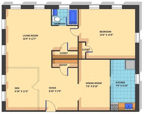 Floor plan for 1 bed, 1 bath, 944 sqft