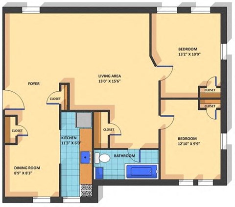 Floor plan for 2 beds, 1 bath, 943 sqft